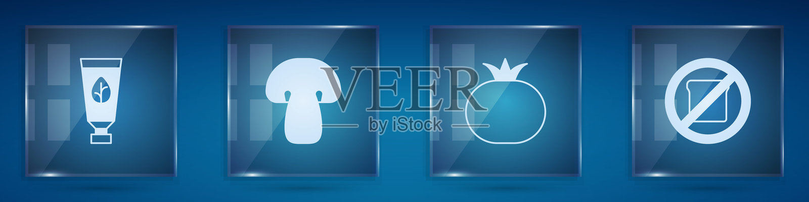 有机化妆品、蘑菇、西红柿和无麸质谷物。方形玻璃面板。矢量图插画图片素材