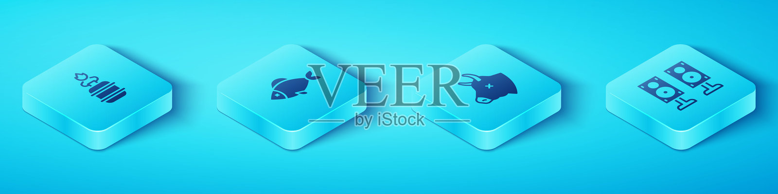 等距露营气炉、鱼、立体声扬声器和牛头图标。矢量图。插画图片素材