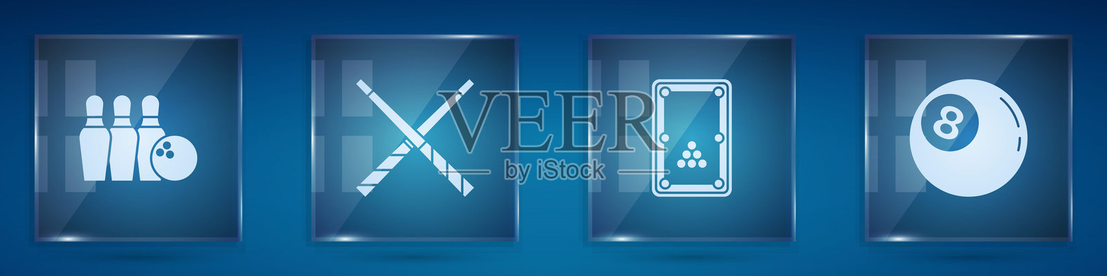 保龄球瓶和球，交叉的台球杆，台球桌和方形玻璃面板。矢量图。插画图片素材