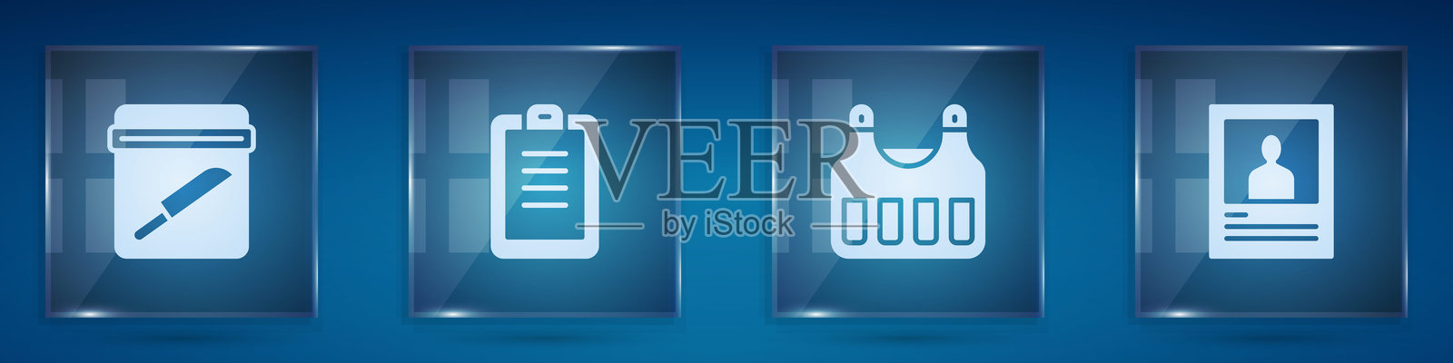 证据袋、刀具、警察报告、防弹背心和通缉海报的组合。方形玻璃面板。矢量图。插画图片素材