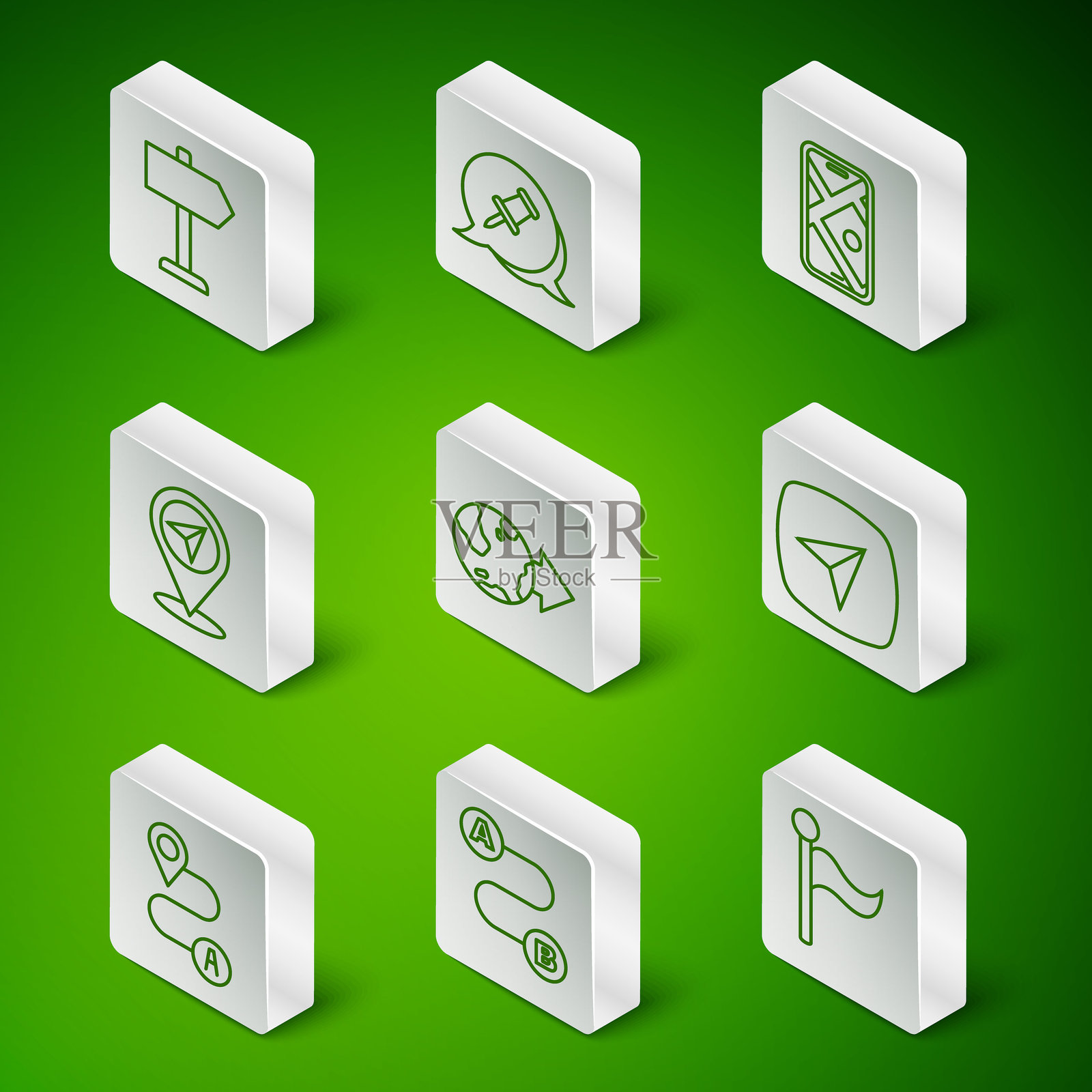 设置线路标志、路线位置、道路交通标志、全球位置、地图图钉、推送和城市地图导航图标。矢量图。插画图片素材