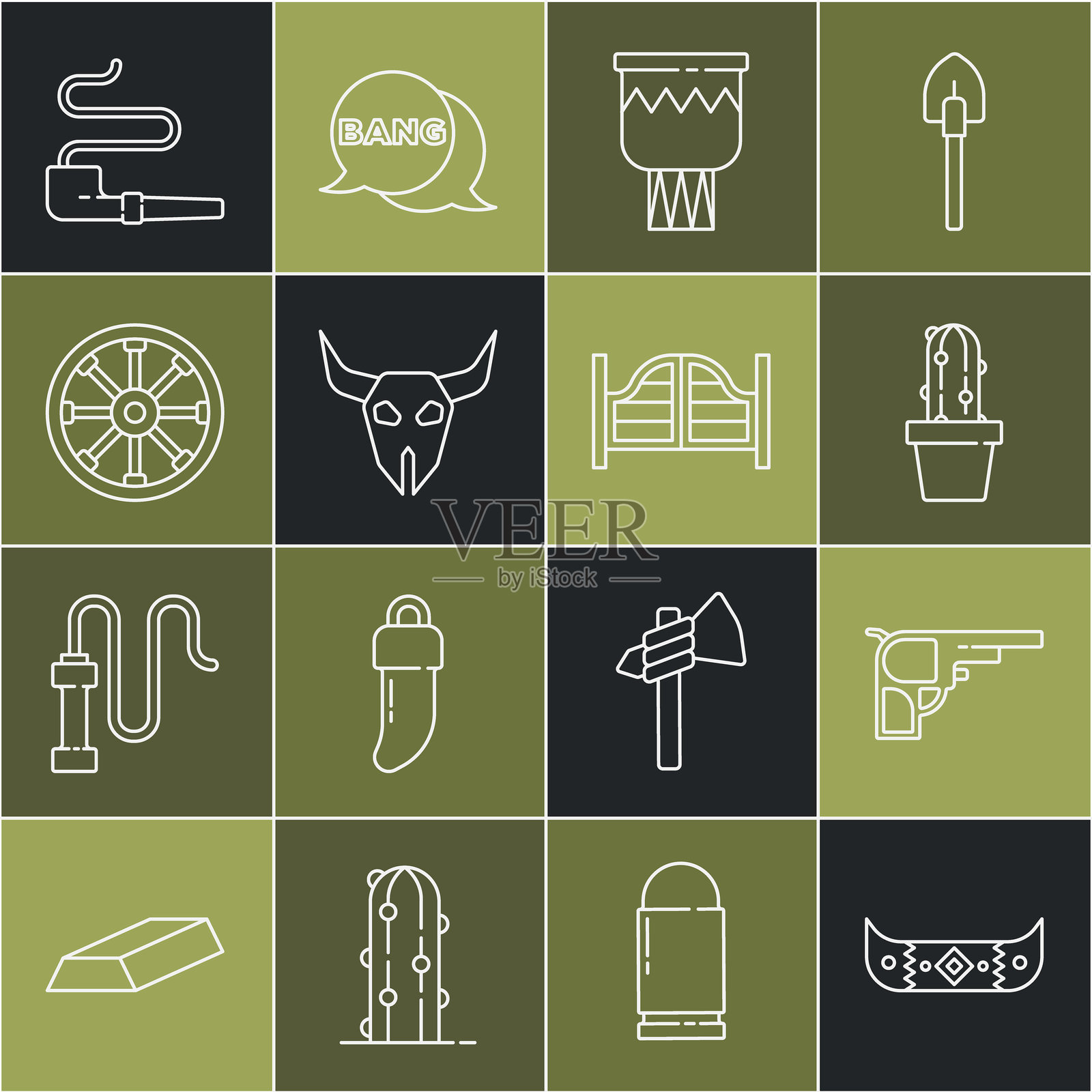 独木舟或皮划艇与桨，左轮手枪，盆栽仙人掌，鼓，水牛头骨，旧木轮，烟斗和酒吧门图标。矢量图。插画图片素材