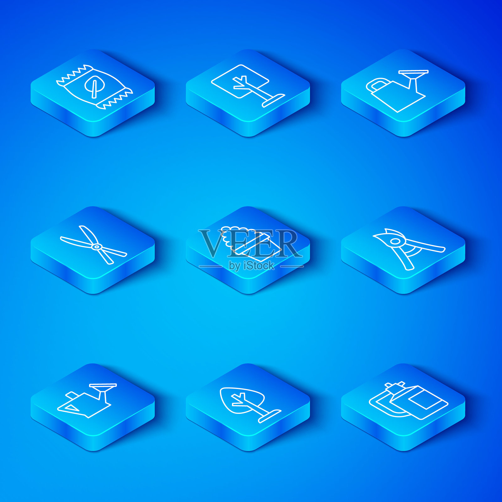 浇水壶、仙人掌佩约特花盆、森林、园艺手工剪刀、肥料袋和肥料喷雾器图标。矢量图。插画图片素材