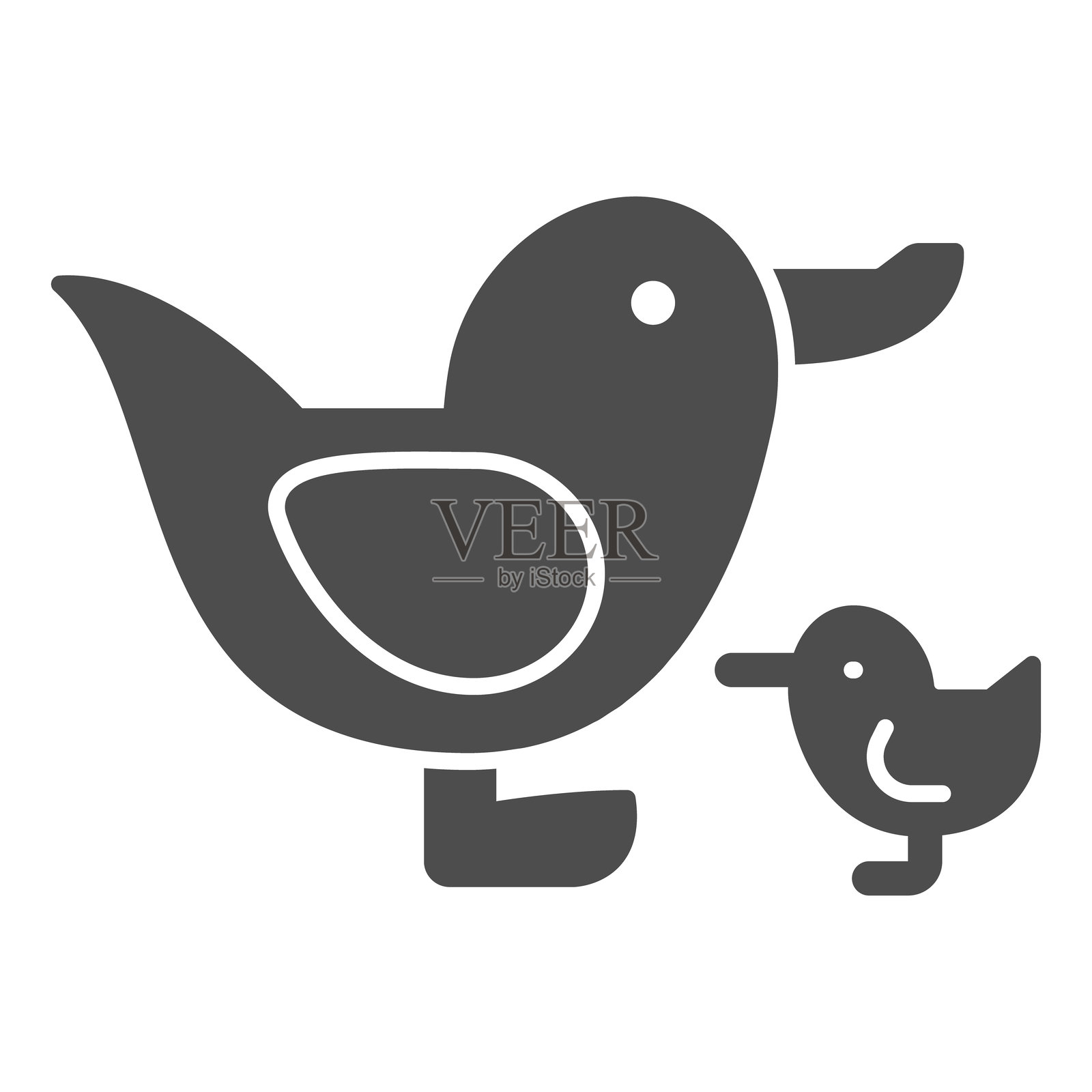 母鸭与小鸡的实心图标，母亲节概念。矢量图形。白色背景上的鸟类家庭标志，适用于移动或网页设计的图形风格图标。插画图片素材