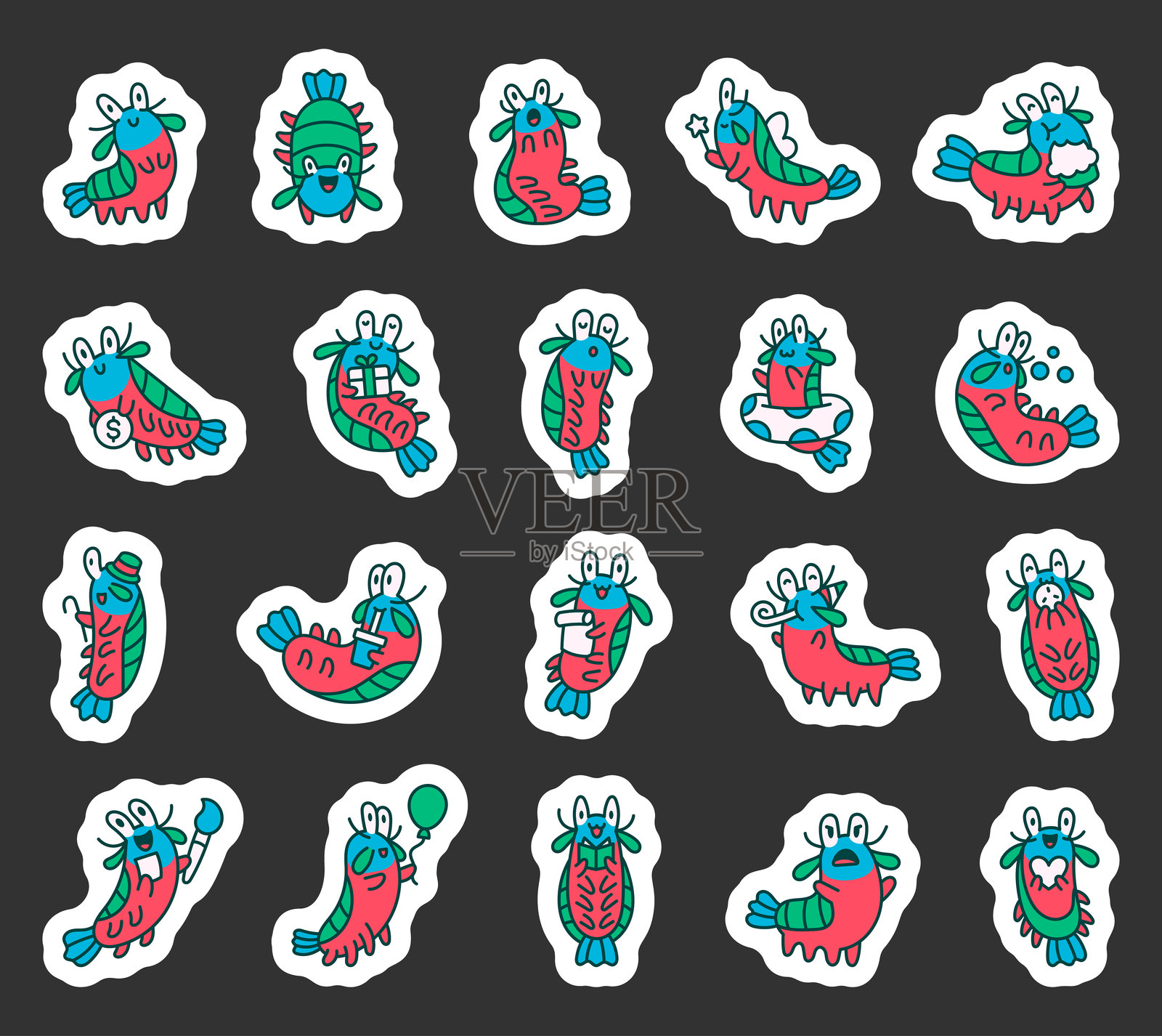 一组可爱的螳螂虾卡通角色，展现各种姿势和情感，适用于水下和海洋主题的创意插图。插画图片素材