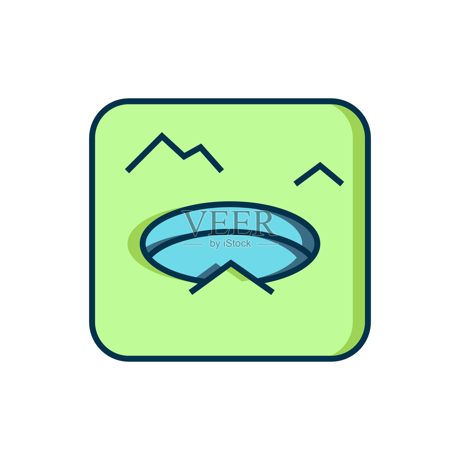 冬季钓鱼图标，填充轮廓，背景为白色。圆形冰框，冰面上的洞。扁平填充轮廓风格，带阴影。矢量图。插画图片素材