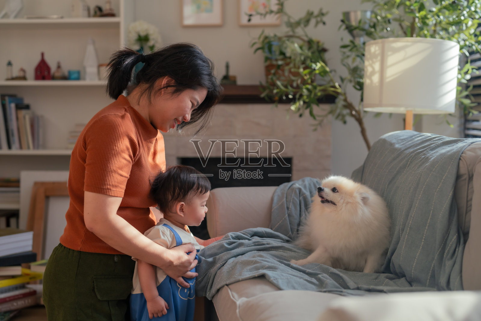 可爱的亚洲家庭，帅气的小男孩和妈妈在客厅里与他的狗玩耍。可爱的男孩们在家中与他们的博美犬朋友玩耍和亲密互动，充满快乐。照片摄影图片