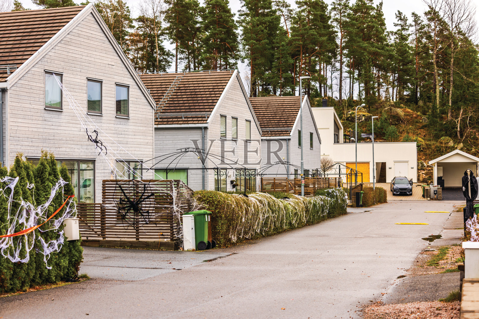 装饰有蜘蛛网和巨型蜘蛛的万圣节邻里，展现出节日的秋季氛围。瑞典。照片摄影图片