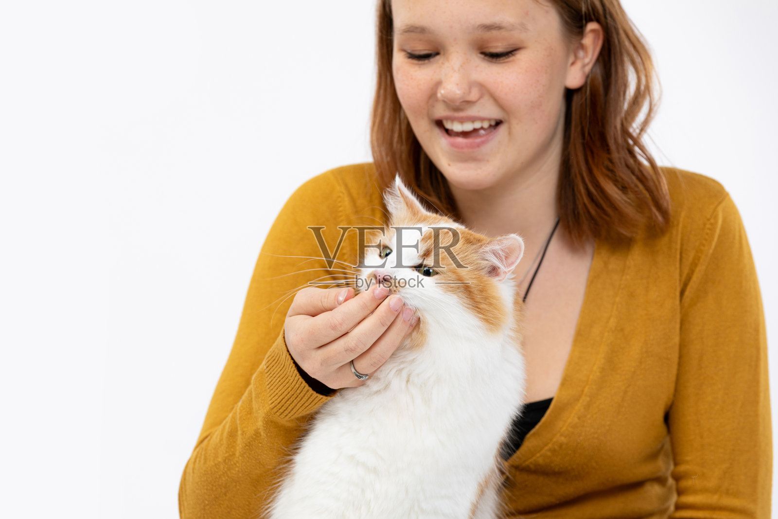 一个小女孩在舒适的环境中与一只顽皮可爱的猫享受美好时光照片摄影图片