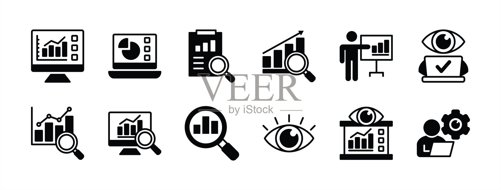 业务管理监控图标集。包含成长图，图表，统计，分析，报告，目标，发展，改进，成就，介绍。矢量图插画图片素材