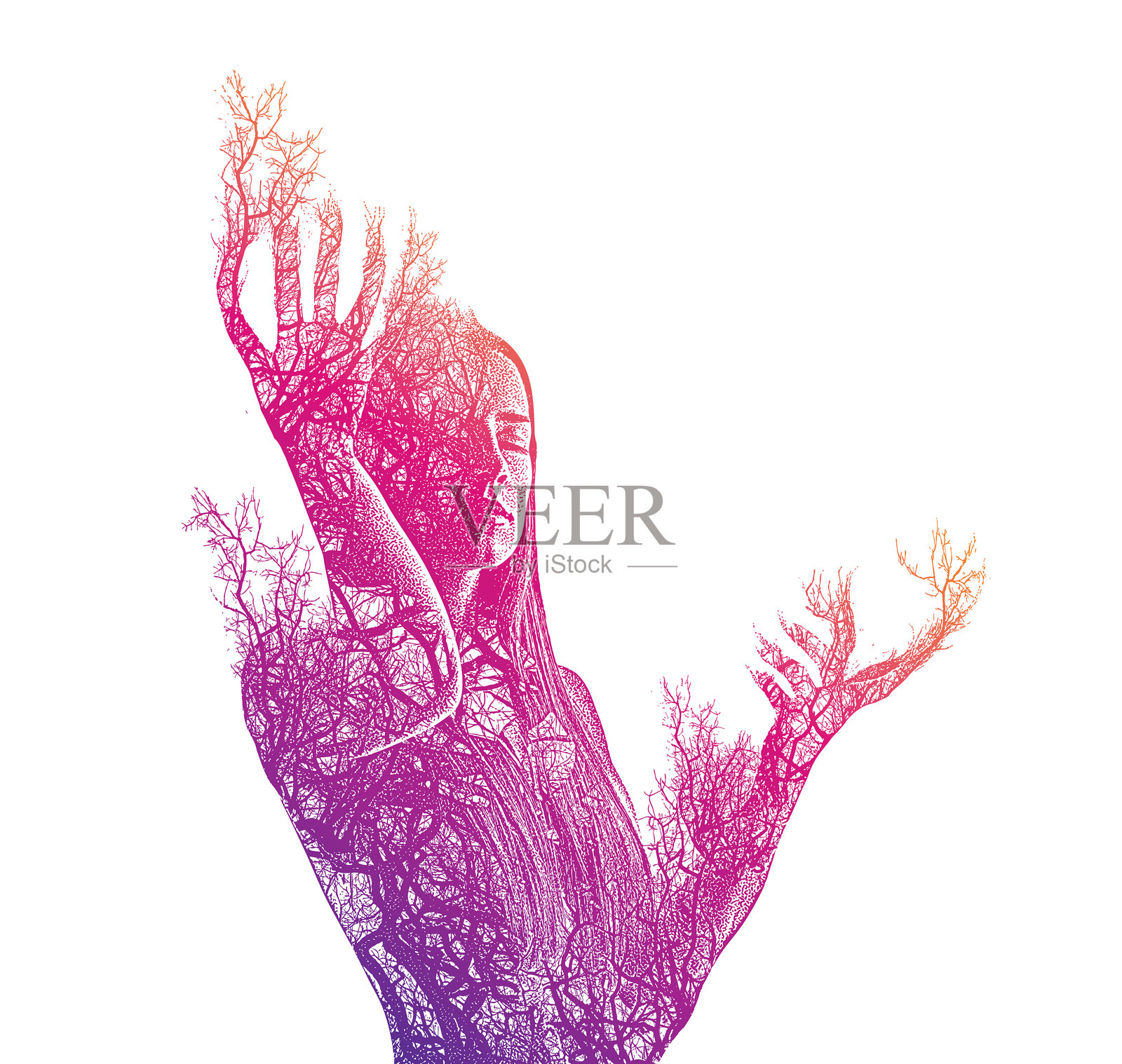 多次曝光一个美丽的年轻女子沉思和变形成树插画图片素材