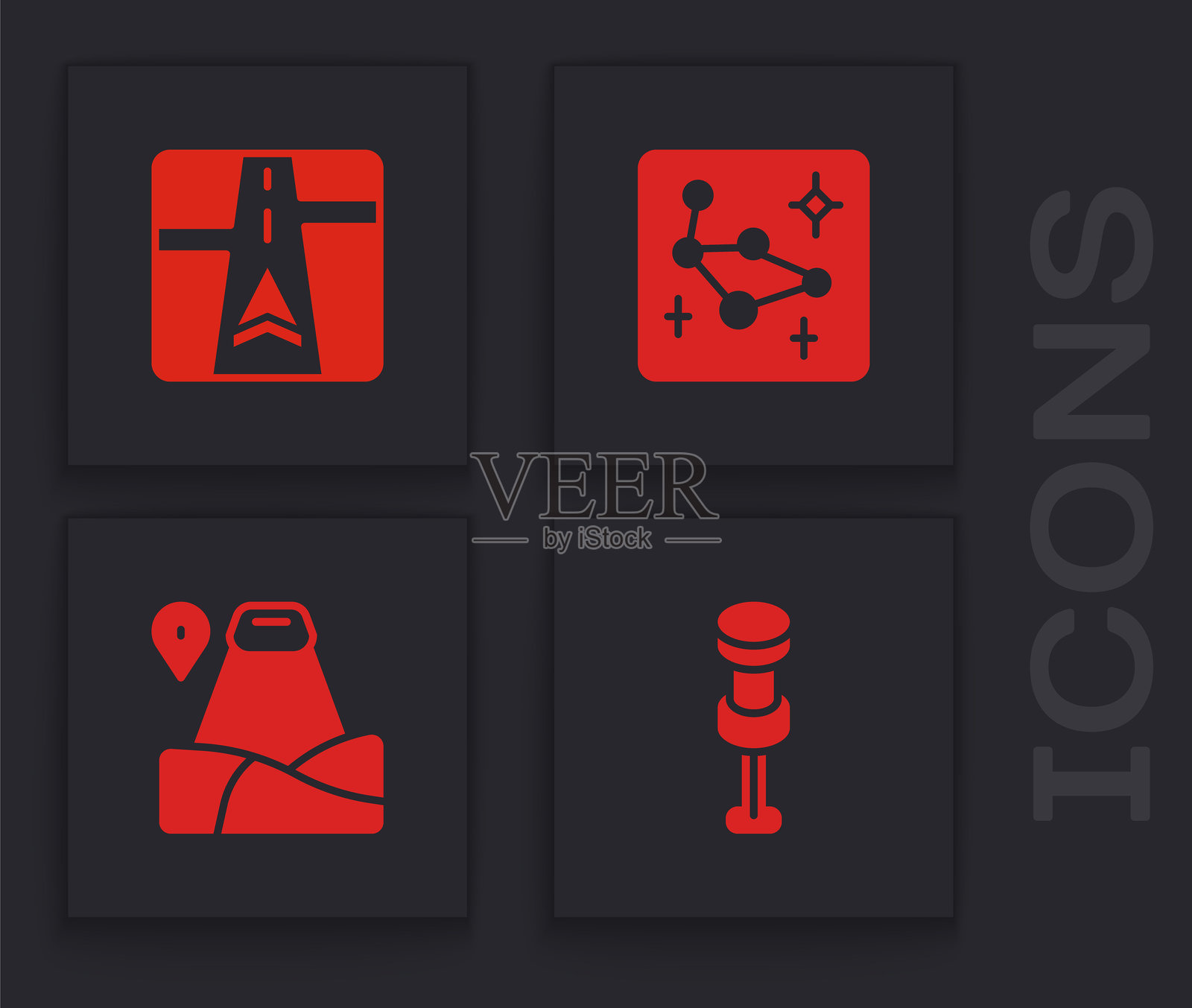 推针、带地图的GPS设备、大熊座和位置山图标。矢量图。插画图片素材