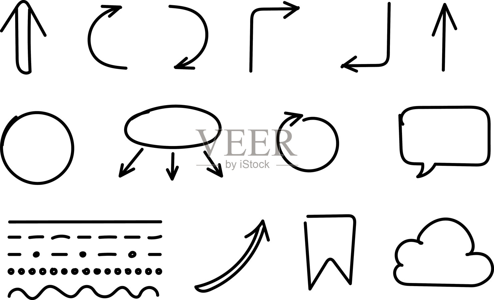 手绘信息图元素用于教育、学校、办公室。突出元素。手绘涂鸦风格的圆圈、箭头、勾选标记、数字、图形、叉号、方形及其他矢量图形。插画图片素材