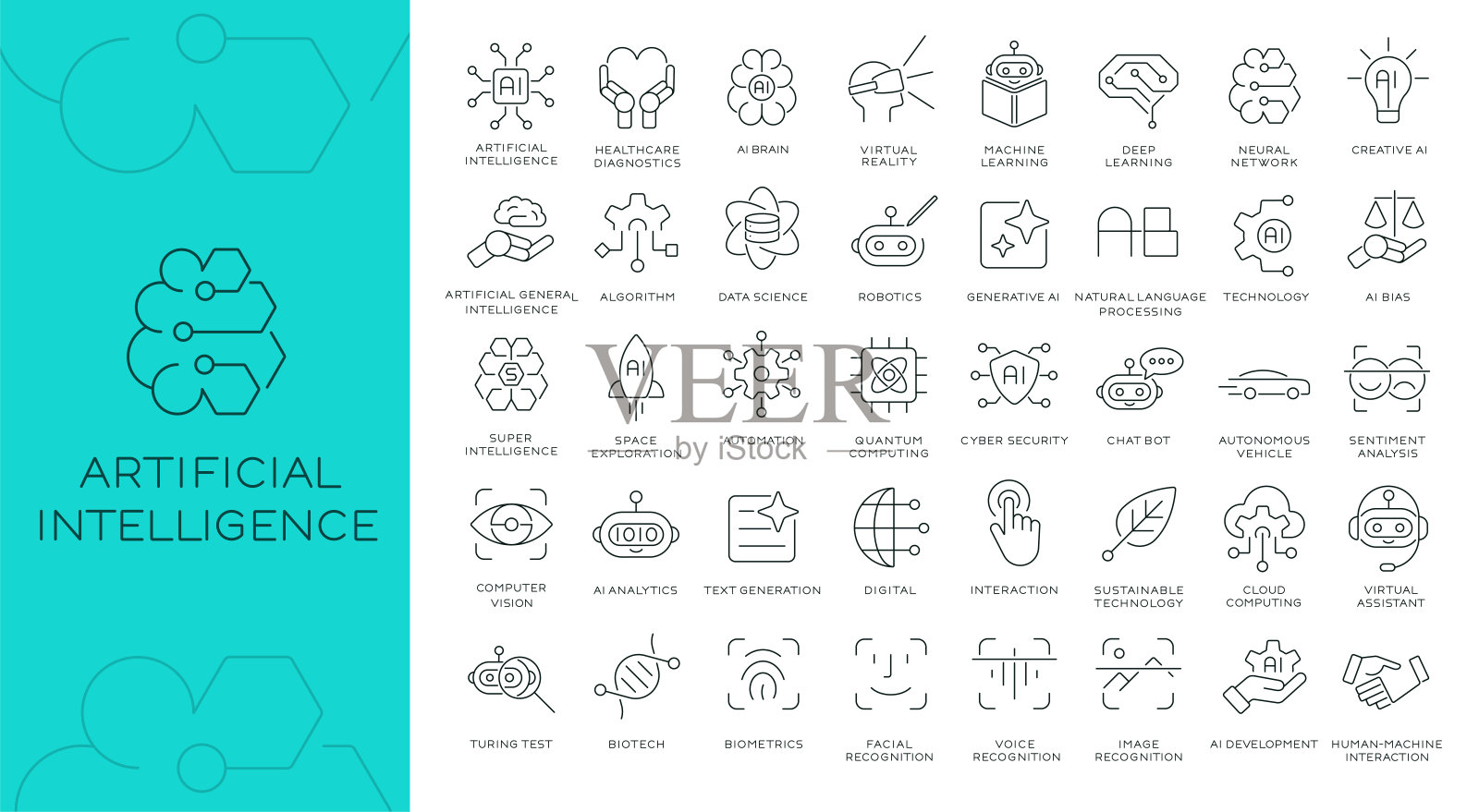 人工智能细线图标集，适用于网站和应用程序。与人工智能、机器学习、技术、自动化、数据科学和创新相关的轮廓符号集合。现代简约风格图标。可编辑的矢量线条。256x256 像素完美。插画图片素材