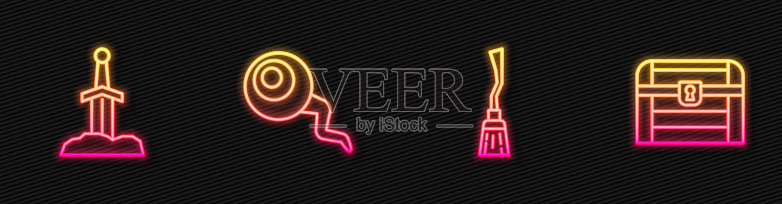 女巫的扫帚、石中剑、眼睛和古董宝箱。发光的霓虹图标。矢量图。插画图片素材