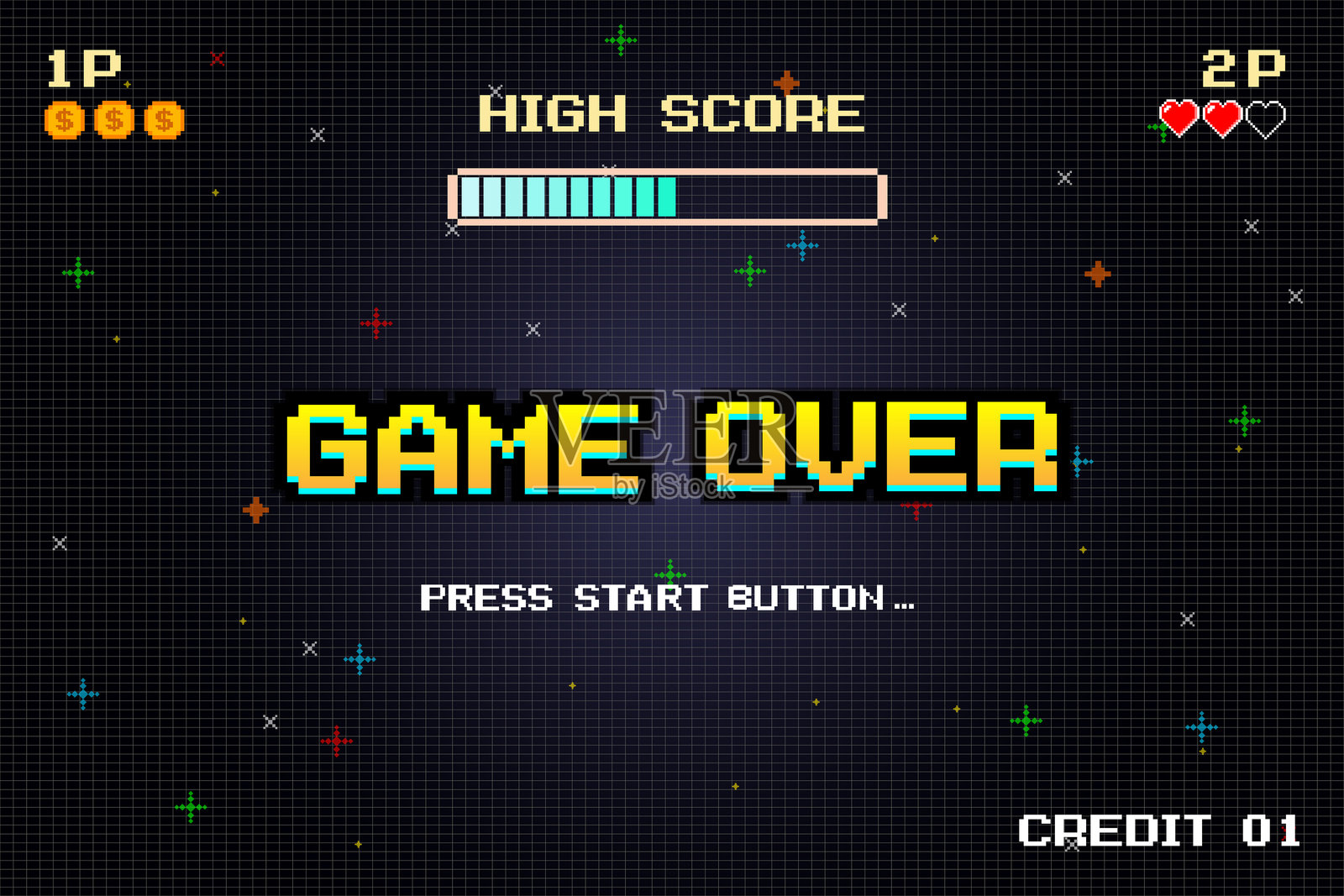 游戏结束.请插入硬币继续.合成波线框网插图.像素艺术.8位游戏