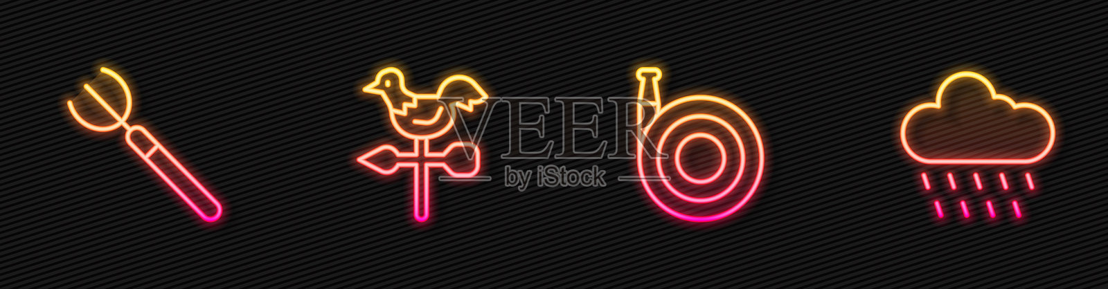 园艺工具：花园水管、干草叉、鸡形风向标和带雨的云。发光霓虹图标。矢量图。插画图片素材