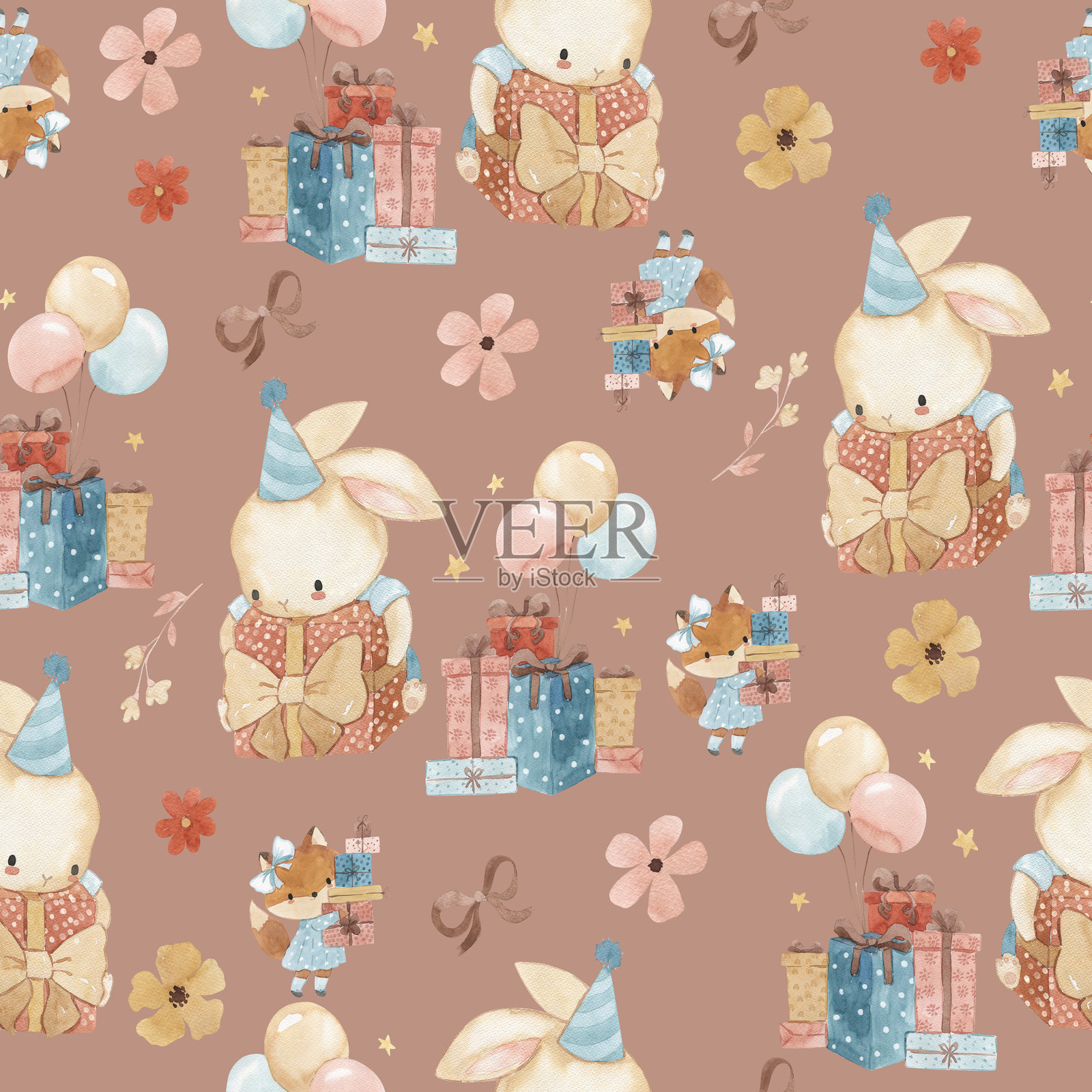 儿童水彩兔子无缝图案插图插画图片素材