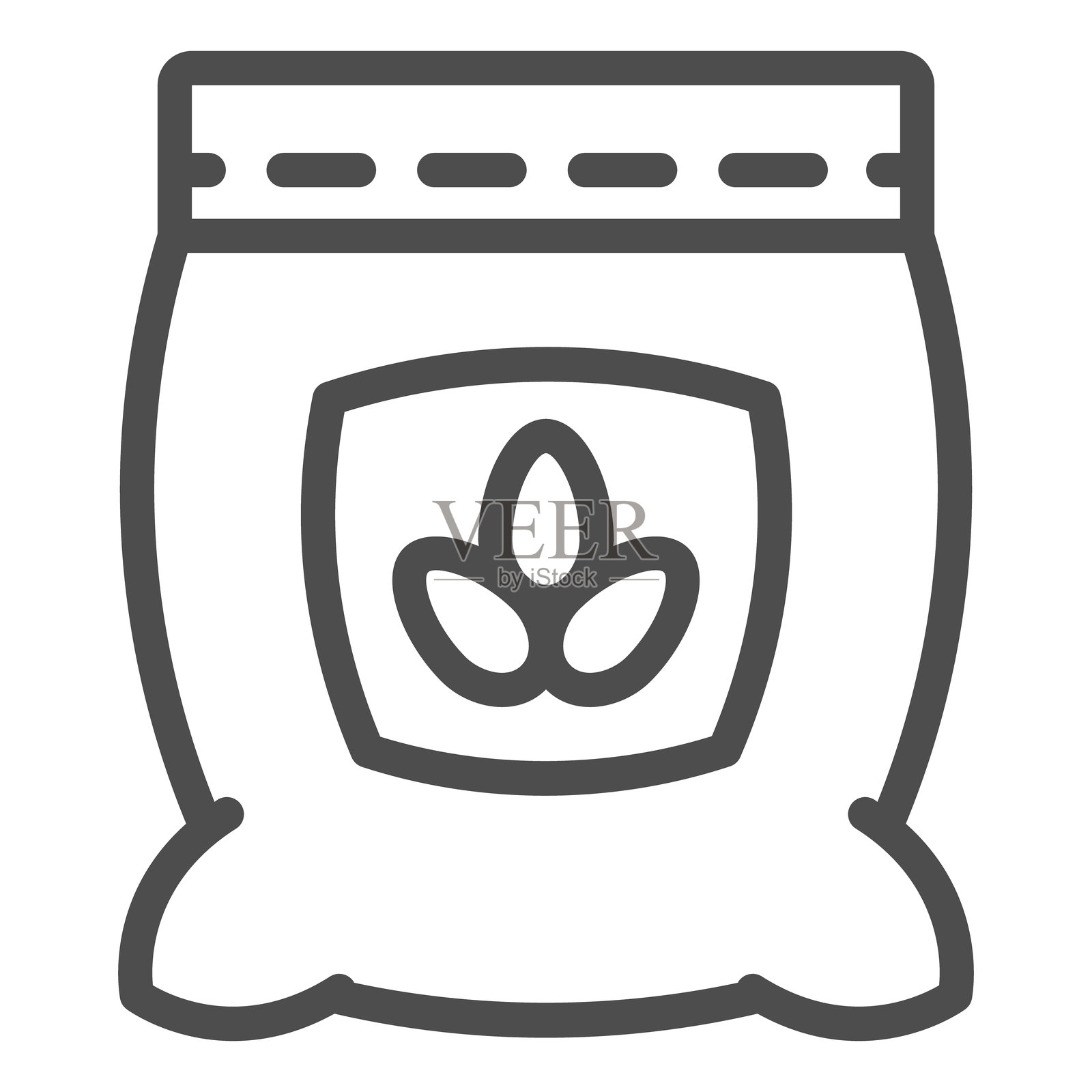 带叶子的面粉袋线条图标，小麦生产概念。矢量图形。白色背景上的小麦颗粒包装标志，适用于移动或网页设计的轮廓风格图标。插画图片素材