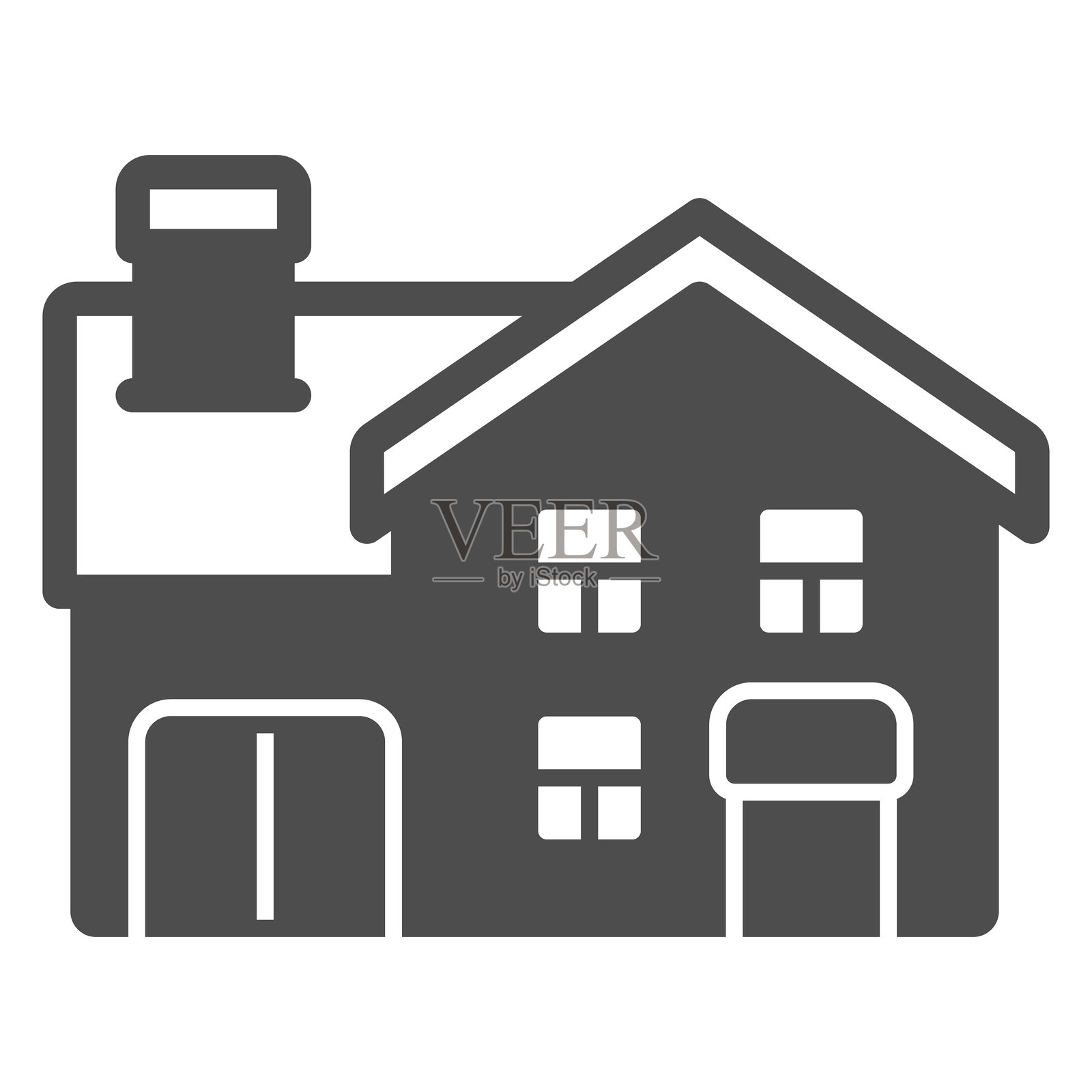 带车库的两层房屋实心图标，房地产概念。矢量图形。白色背景上的小屋建筑标志，适用于移动或网页设计的图形风格图标。插画图片素材