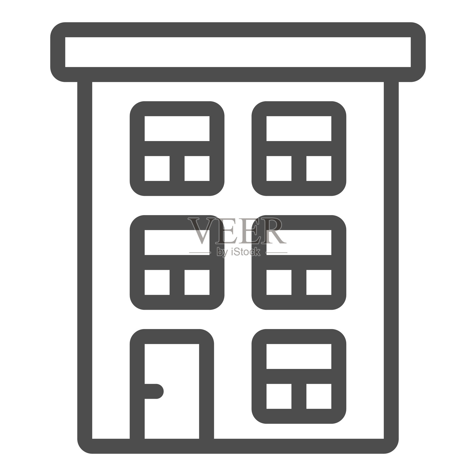 三家商店房屋线条图标，房地产概念。矢量图形。带有门牌的乡村建筑，白色背景上的轮廓风格图标，适用于移动或网页设计。插画图片素材