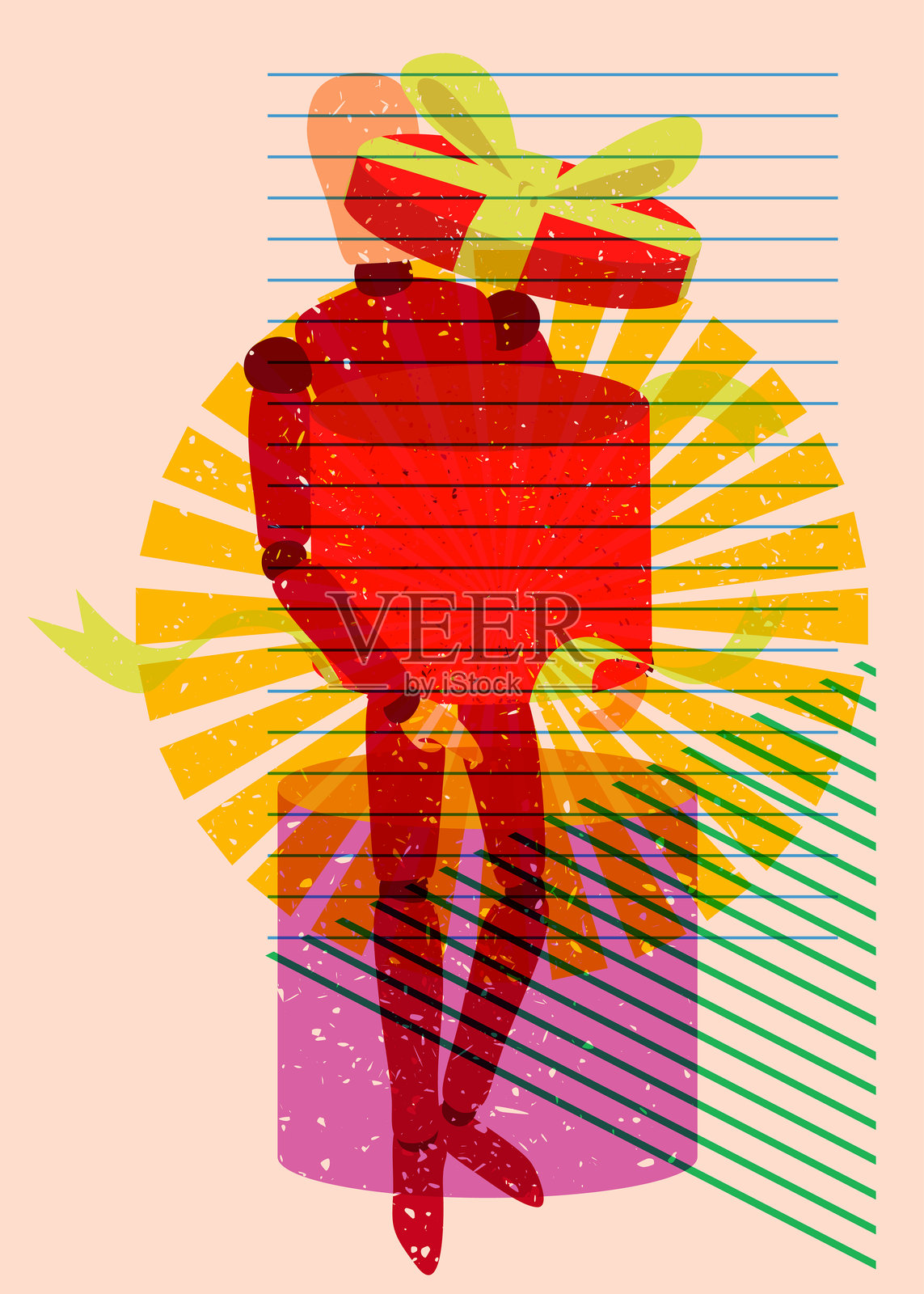 木制木偶手持礼品盒，周围有几何形状。物体采用时尚的Risograph印刷纹理风格设计，融入几何元素。插画图片素材