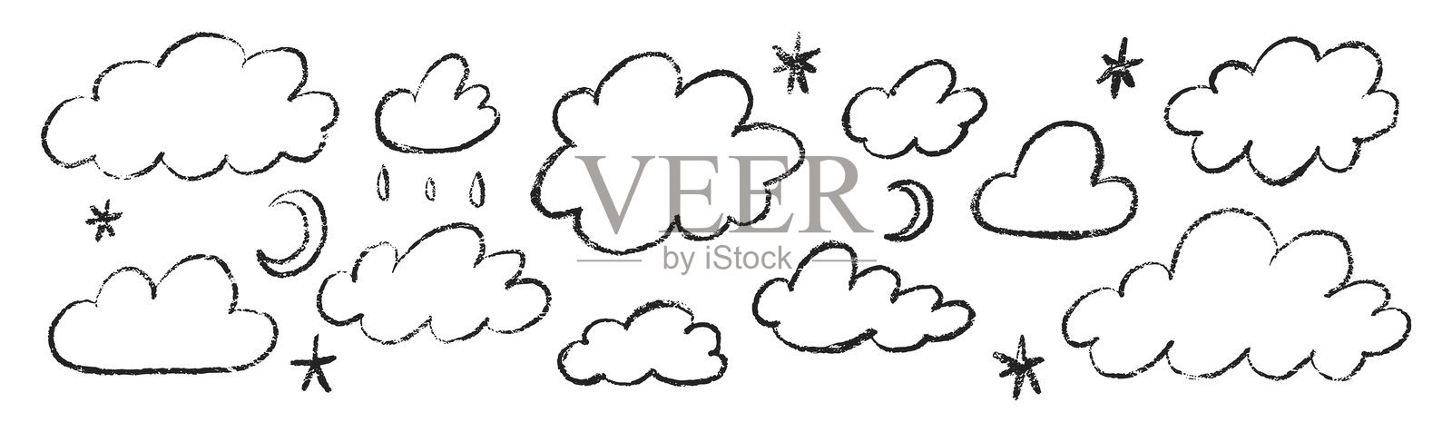 一组蜡笔云彩、星星和水滴。手绘黑色轮廓的儿童蜡笔插图，独立于白色背景。插画图片素材