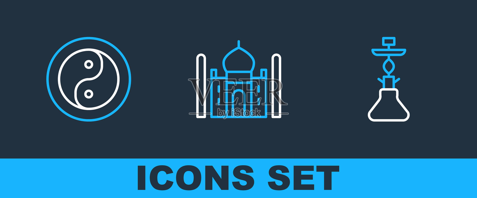 水烟、阴阳和泰姬陵图标。矢量图。插画图片素材