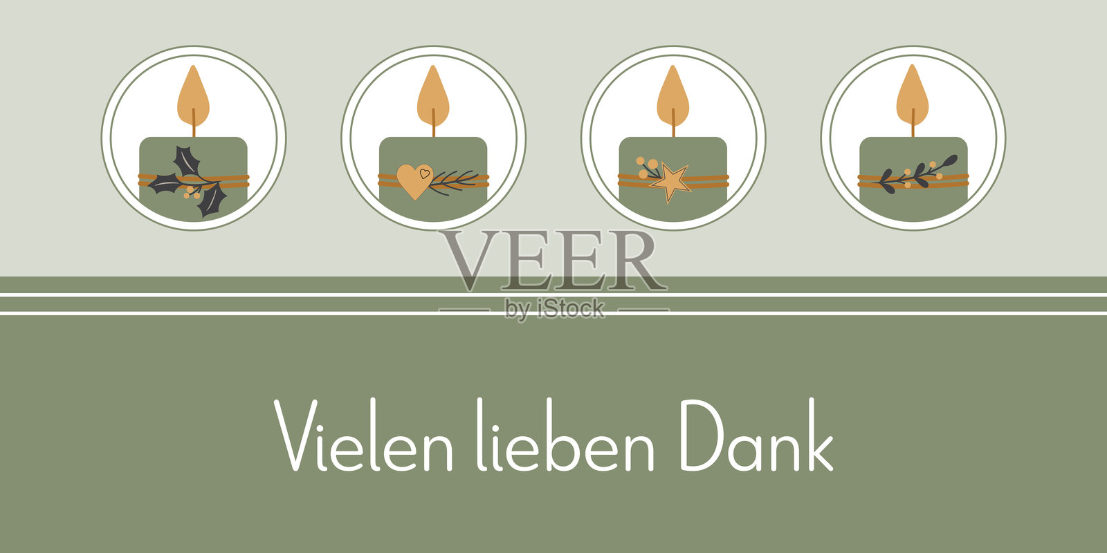 非常感谢。感谢卡上有四根装饰精美的蜡烛，颜色为绿色、金色和深灰色。插画图片素材