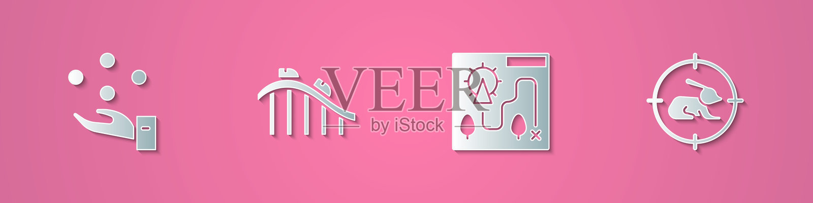 纸艺风格的剪纸杂耍球、过山车、游乐园地图和带十字准星图标的兔子猎捕。矢量图。插画图片素材