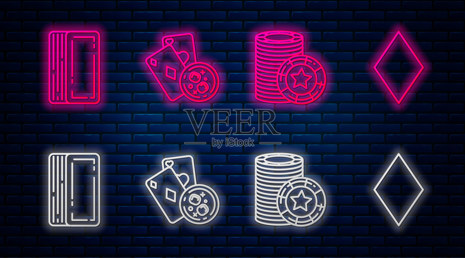 扑克牌和冰块威士忌酒杯，赌场筹码，扑克牌和带有方块符号的扑克牌。砖墙上的发光霓虹图标。矢量图。插画图片素材