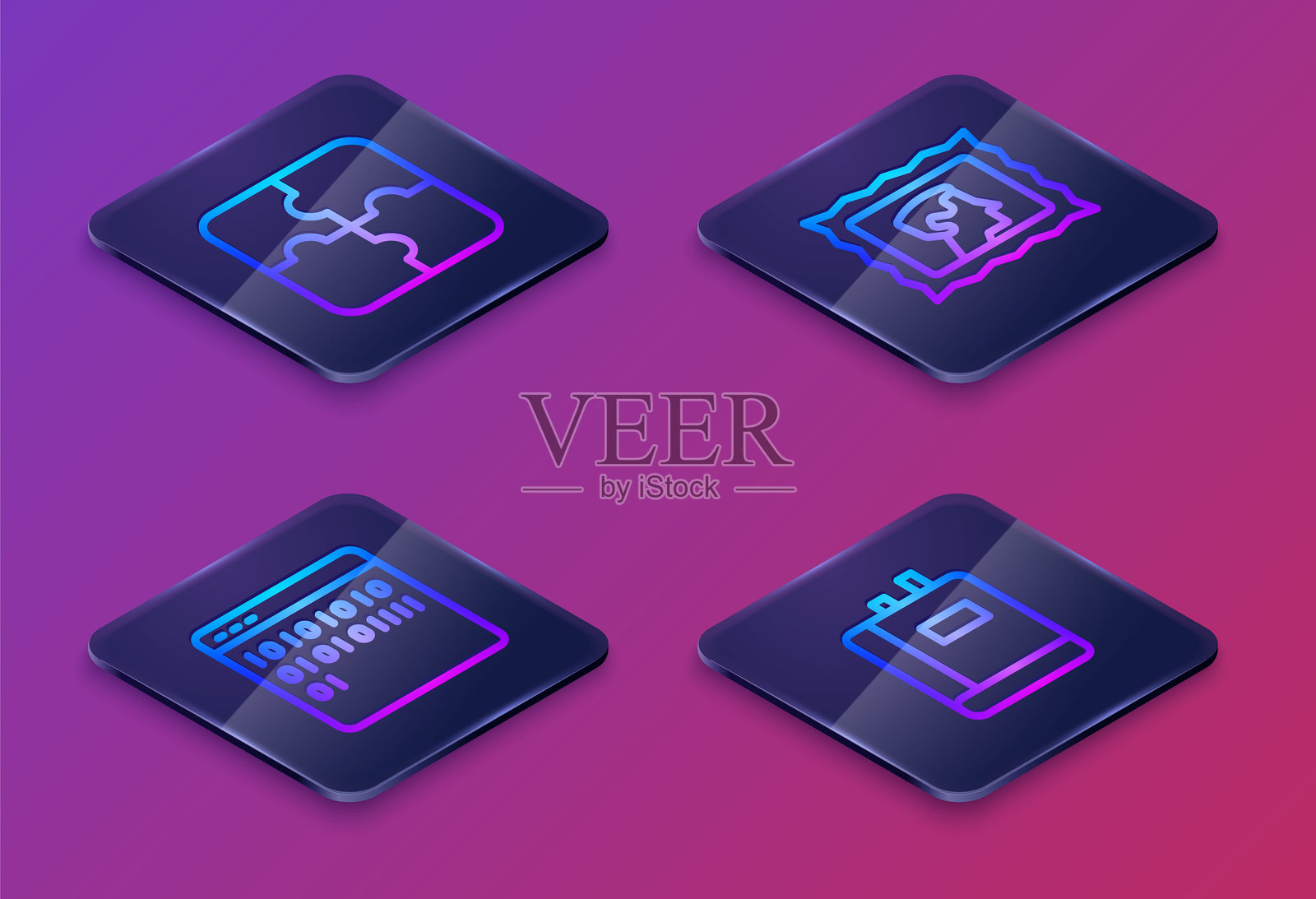 等距线拼图块、二进制代码、邮票和书籍。蓝色方形按钮。矢量图。插画图片素材