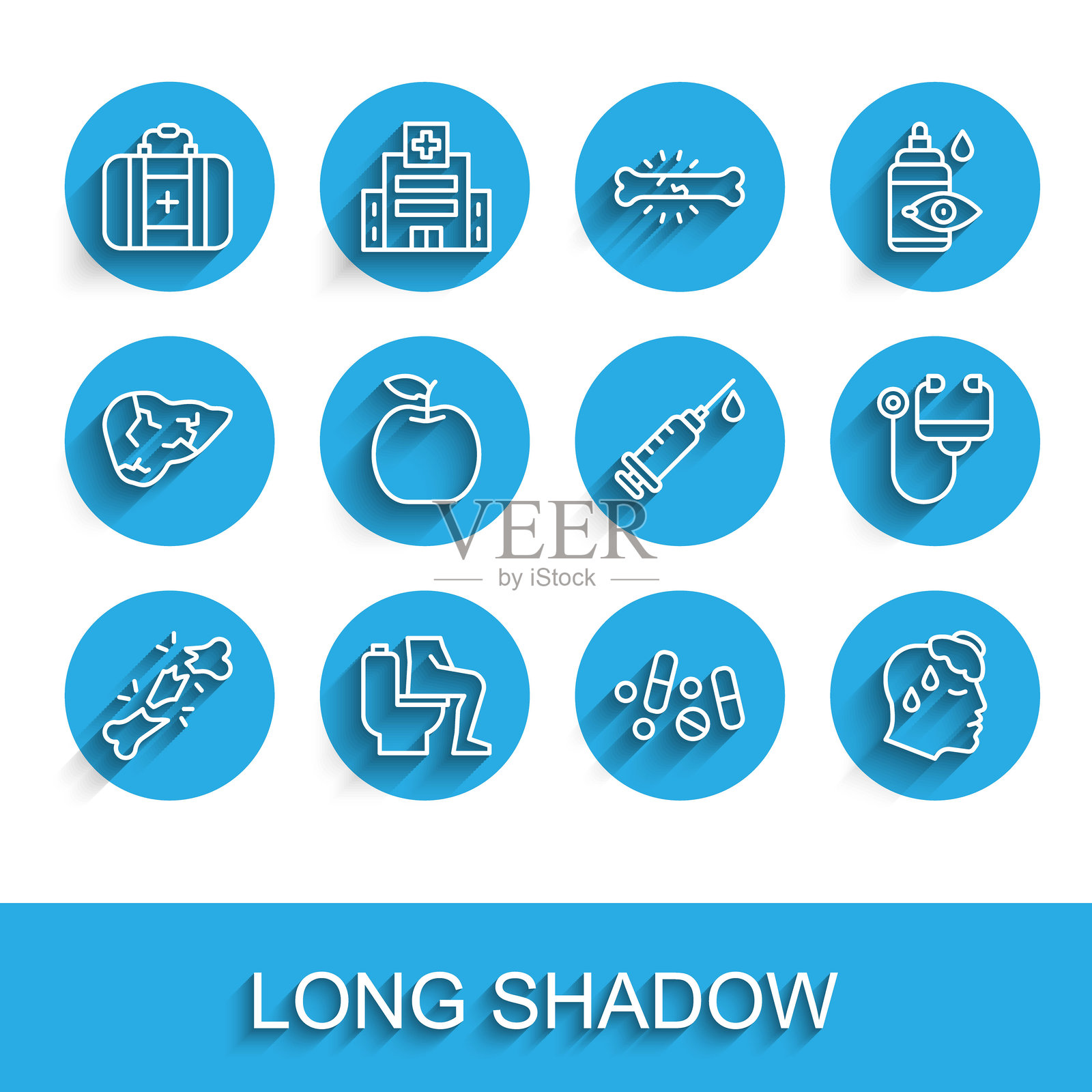 人类骨折、便秘、急救包、药丸或药片、高热、苹果、听诊器和注射器图标。矢量图。插画图片素材