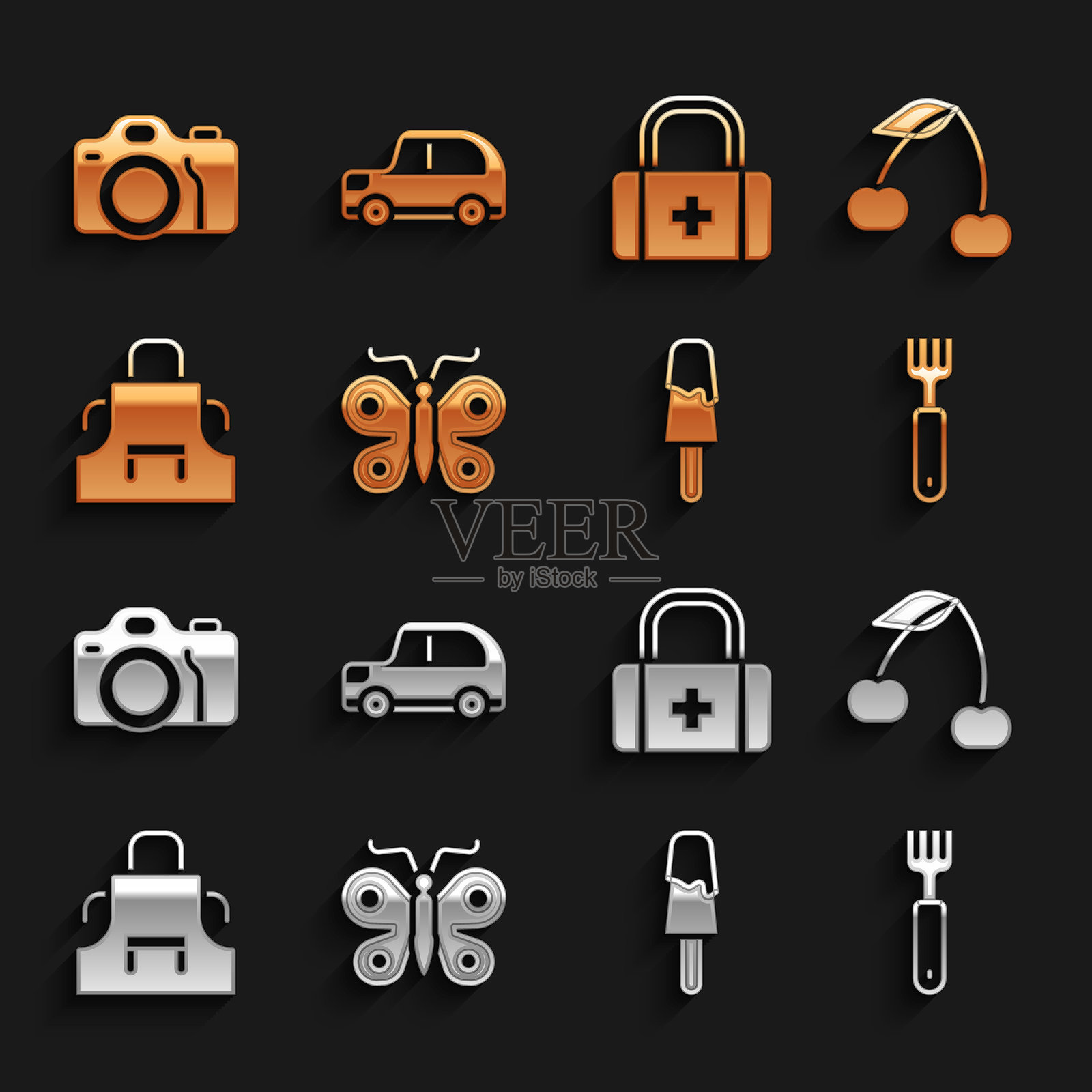 蝴蝶、樱桃、叉子、冰淇淋、厨房围裙、急救包、相机和汽车图标。矢量图。插画图片素材