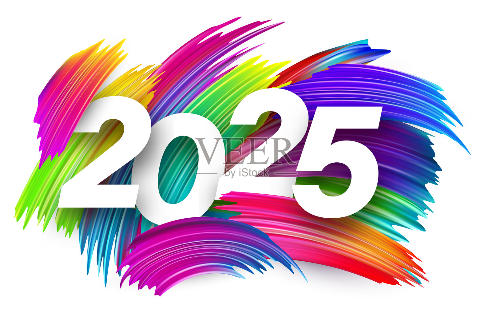 充满活力的2025年排版与多彩的笔刷艺术插画图片素材