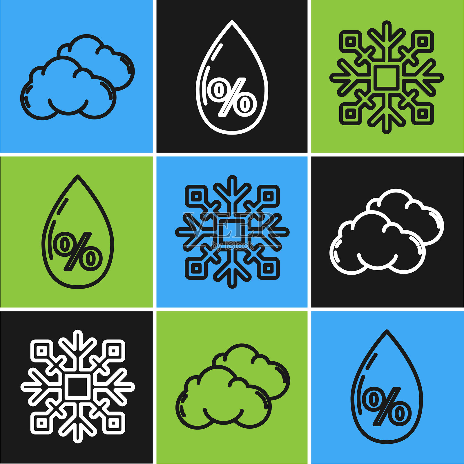云、雪花和水滴百分比图标。矢量图。插画图片素材