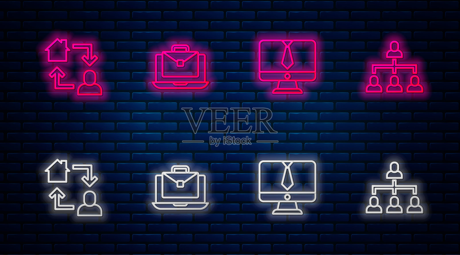 在线工作、视频聊天会议和层级组织结构图。砖墙上的发光霓虹图标。矢量图。插画图片素材