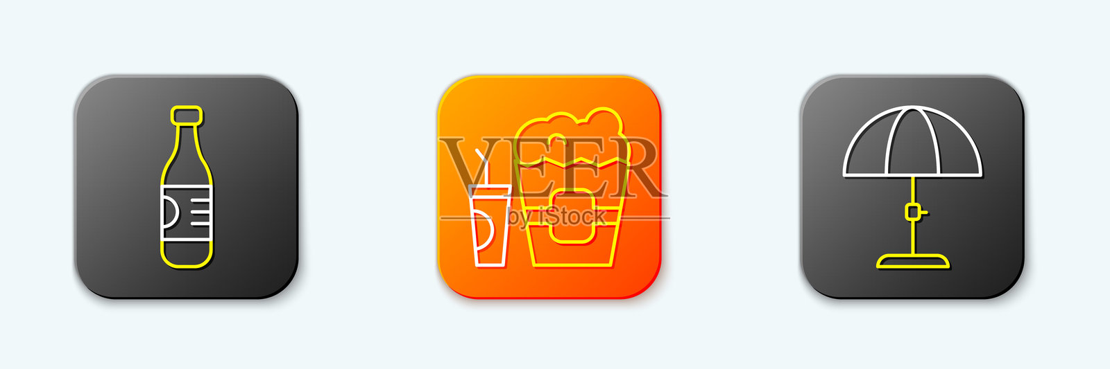 瓶装水、盒装爆米花和玻璃杯，以及太阳伞图标。矢量图。插画图片素材