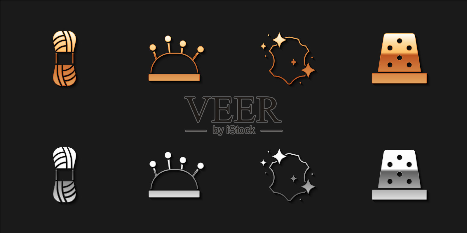 缝纫图标：纱线、针床和针、皮革和顶针。矢量图。插画图片素材