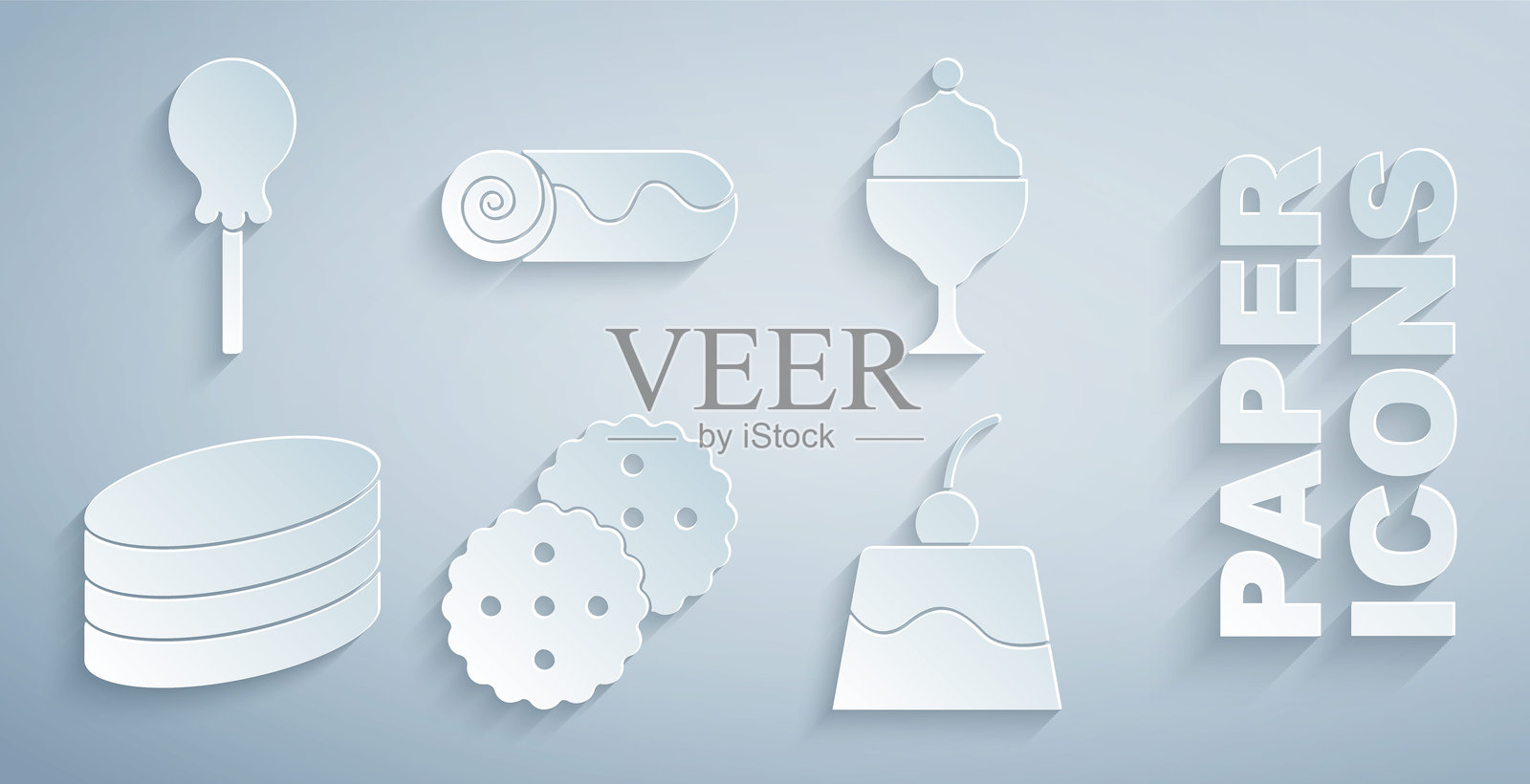 饼干、冰淇淋碗、布朗尼巧克力蛋糕、布丁、巧克力卷和棒棒糖图标。矢量图。插画图片素材