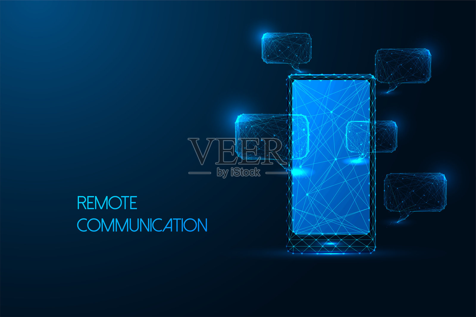 远程沟通概念，带有智能手机和发光线框风格的数字对话气泡。插画图片素材