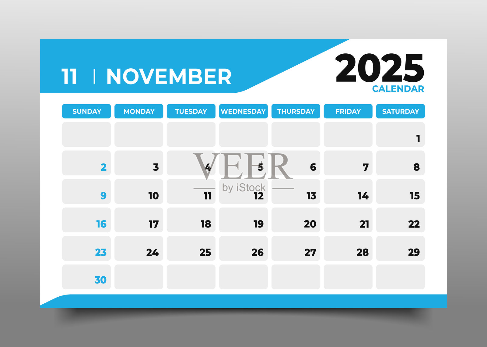 2025年11月的商务桌面日历，扁平风格，横向设计，从星期天开始的模板插画图片素材