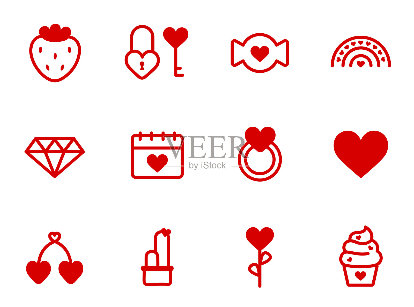 情人节可爱的贴纸和徽章设计。红色轮廓图标集合，用于活动派对庆祝节日仪式周年纪念，情人节。适用于印刷、卡片和装饰设计。插画图片素材