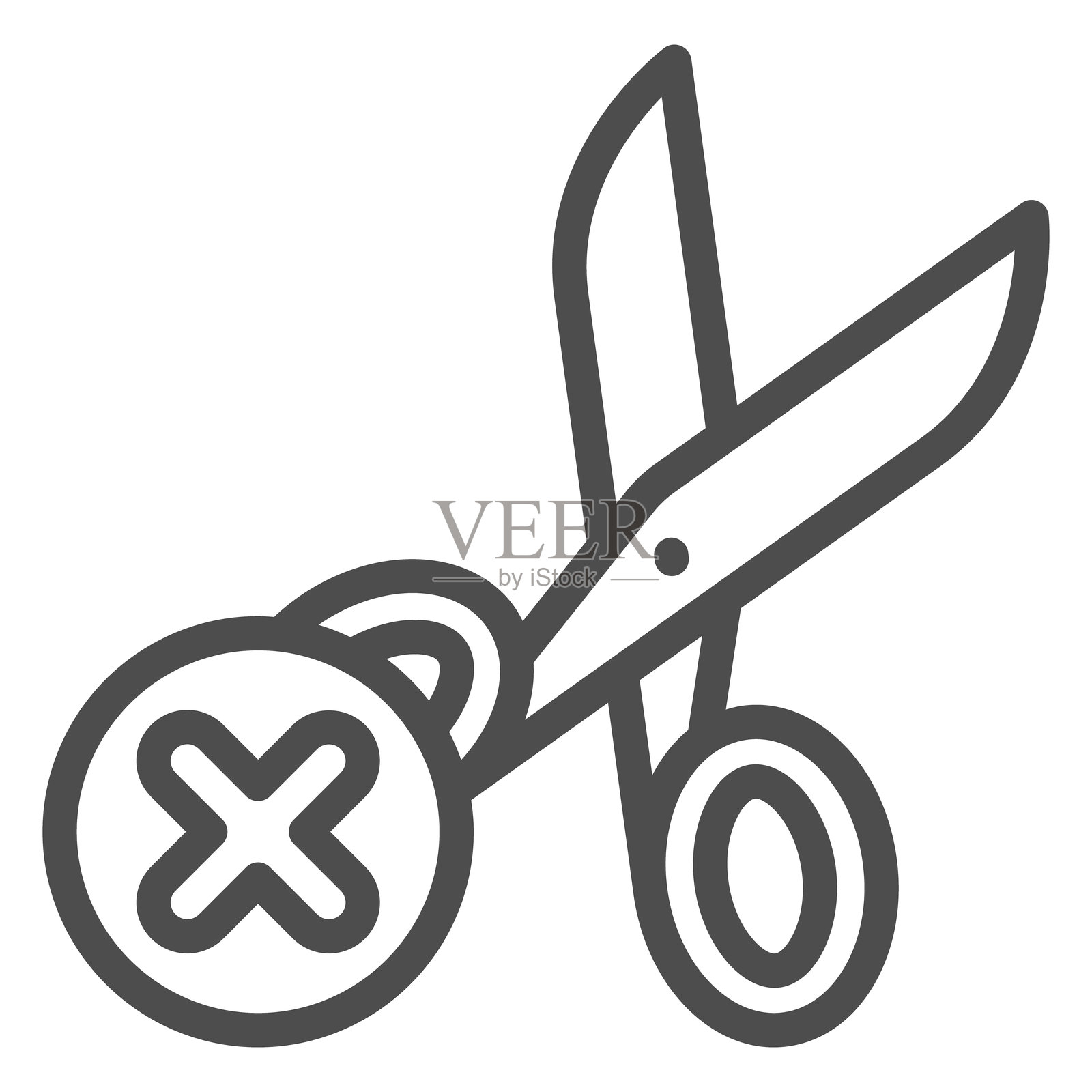 禁止使用锋利剪刀的线条图标，禁止物品概念。矢量图形。白色背景上的剪刀禁止标志，适用于移动或网页设计的轮廓风格图标。插画图片素材