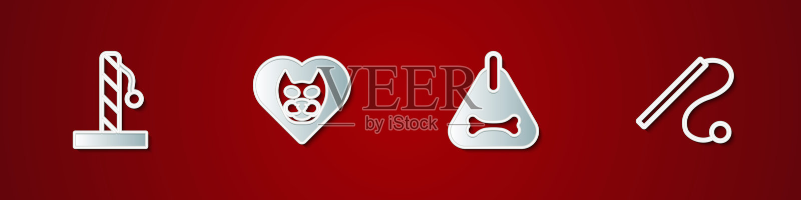 猫抓柱、心形猫、狗项圈和宠物玩具图标。矢量图。插画图片素材