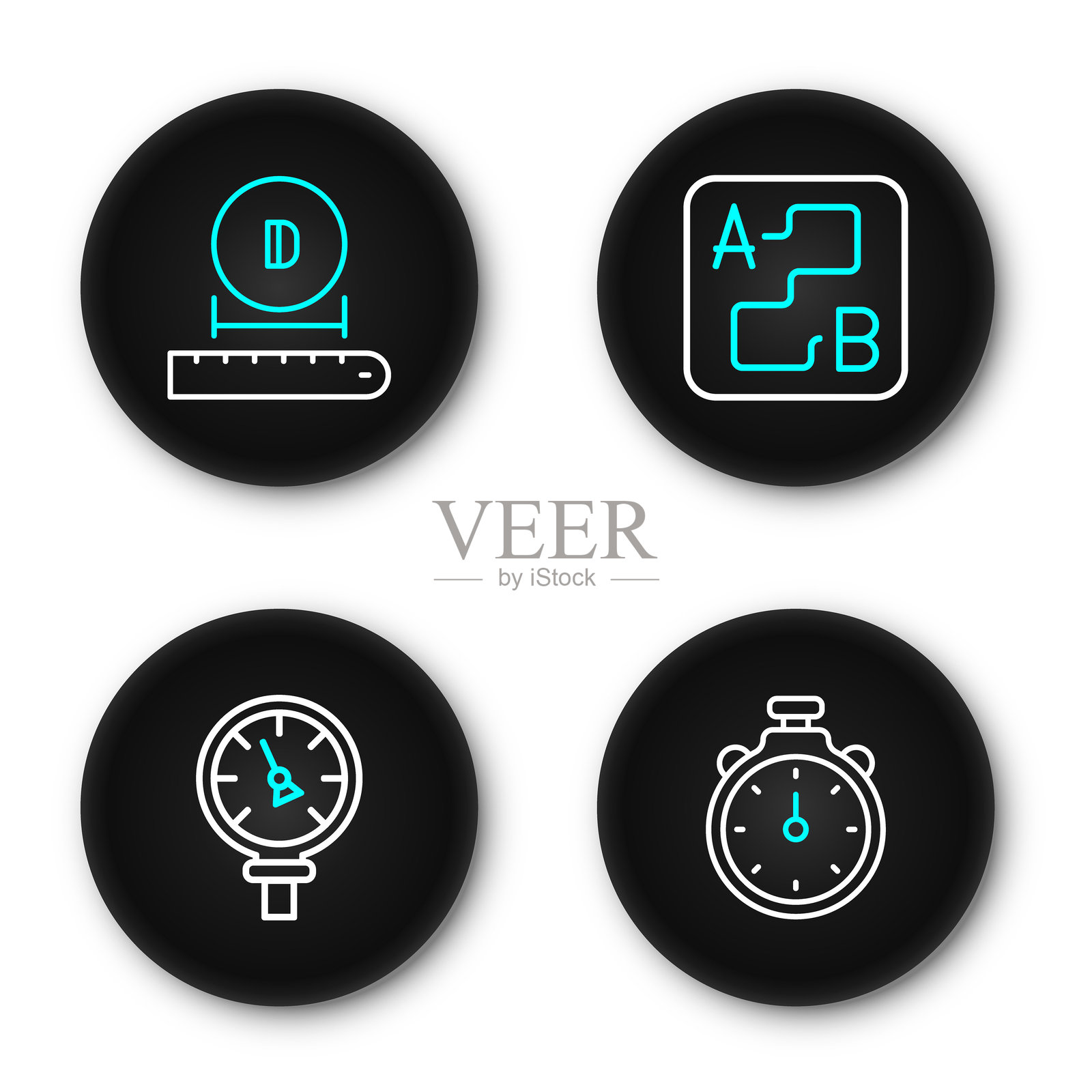 设置线性计时器、水压表、路线位置和直径图标。矢量图。插画图片素材