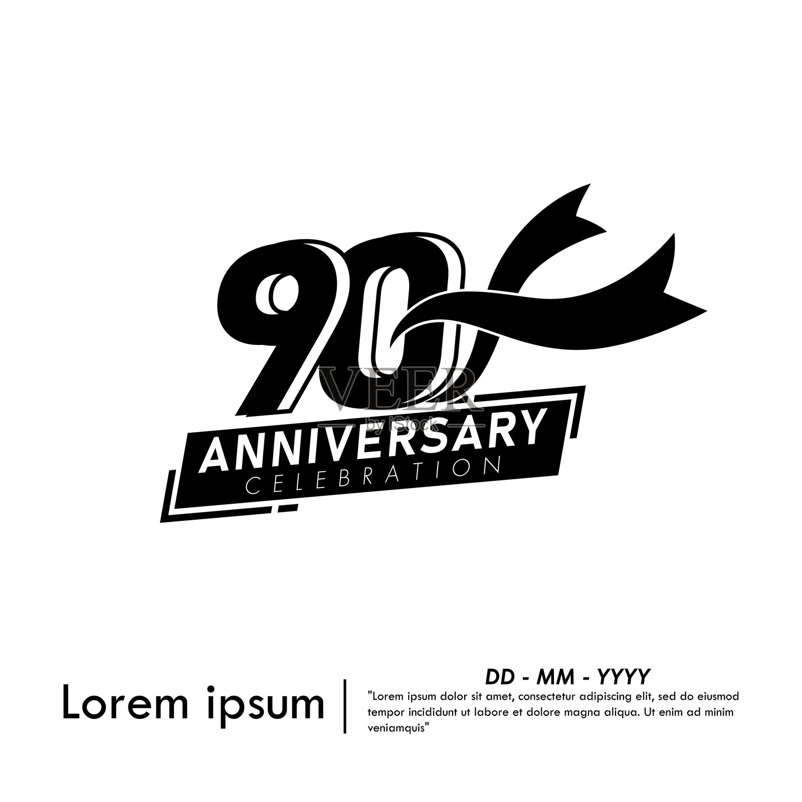 90周年庆典徽章。黑色周年纪念标志，带丝带，背景为白色。适用于网页、传单、海报、贺卡和邀请卡的矢量插图设计模板。插画图片素材