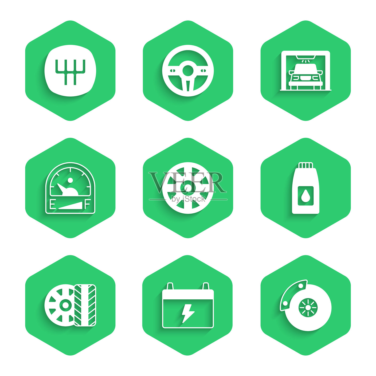 汽车铝合金轮圈，汽车电池，带卡钳的刹车盘，油罐机油，轮胎，发动机油表，洗车和换挡杆图标。矢量图。插画图片素材