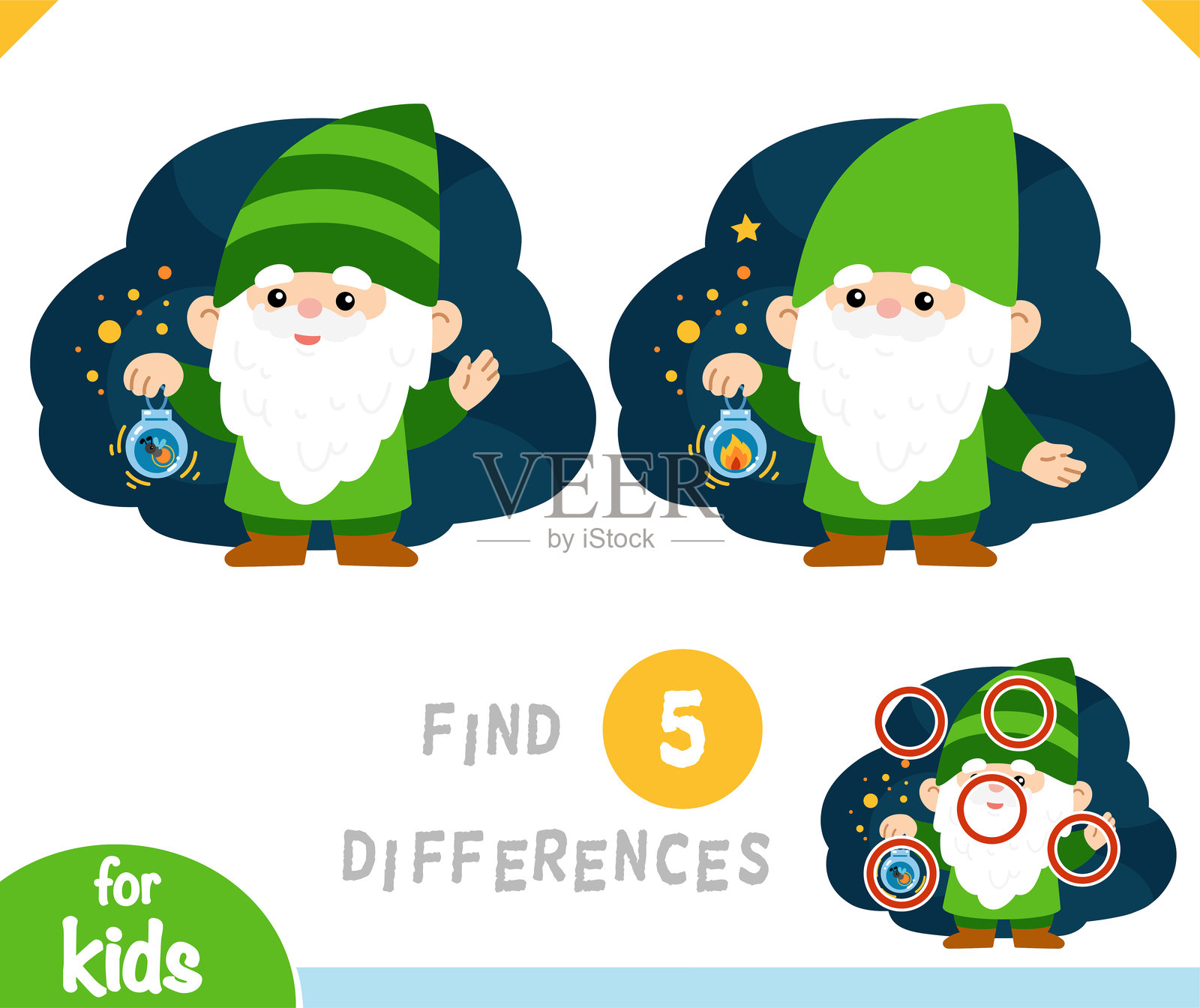 寻找差异教育游戏，卡通花园侏儒和灯笼插画图片素材