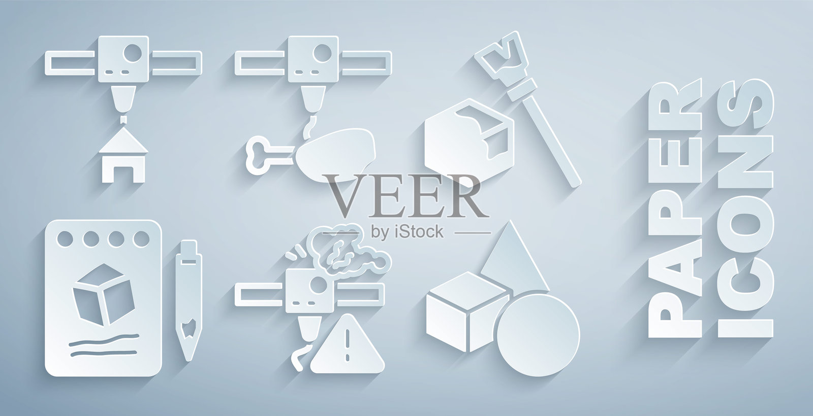 3D打印机警告，等距立方体，纸上草图，基本几何形状，鸡腿和房屋图标。矢量图插画图片素材